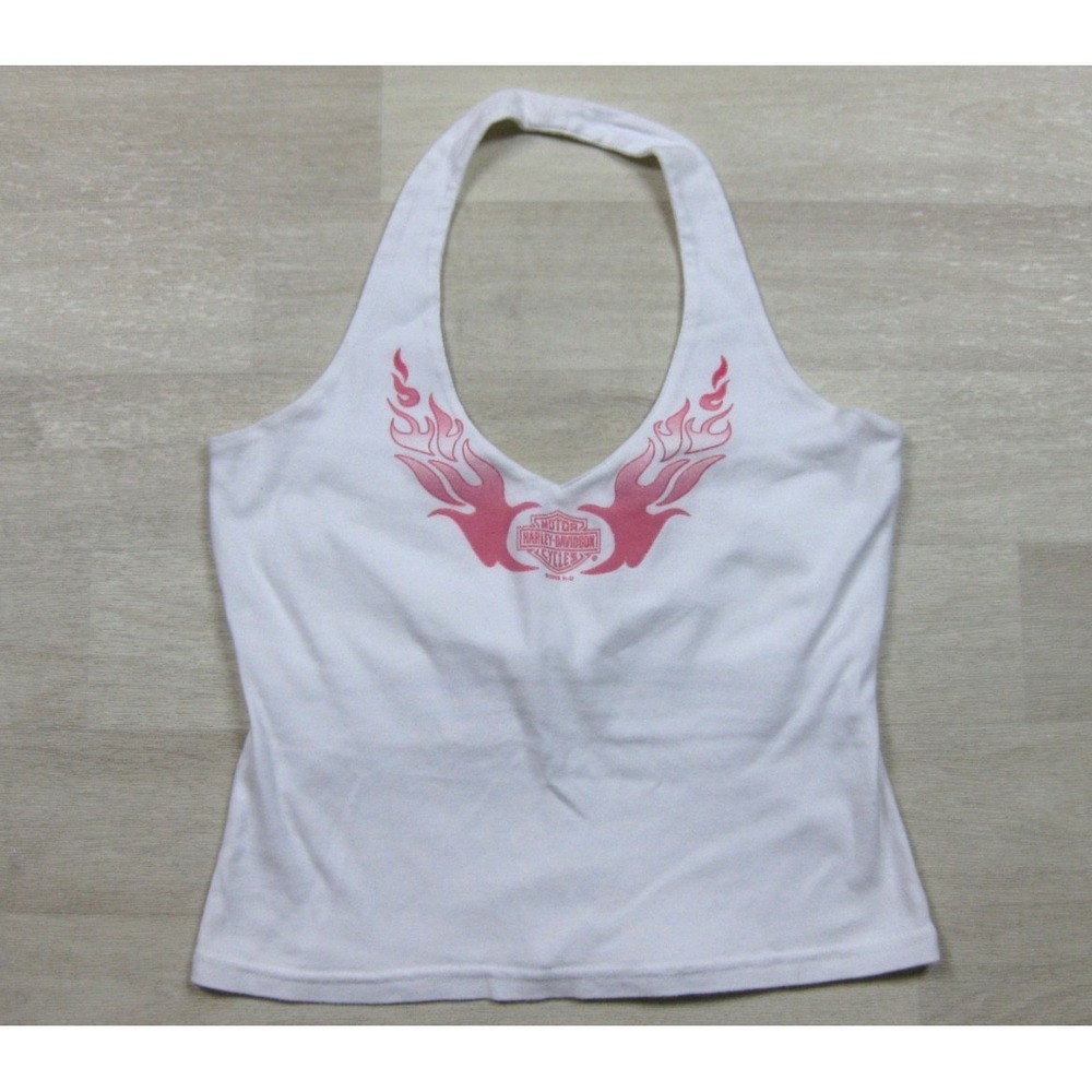 Vintage Y2K Harley-Davidson Halter Tank Top Women's (M) Pink Flames Biker
